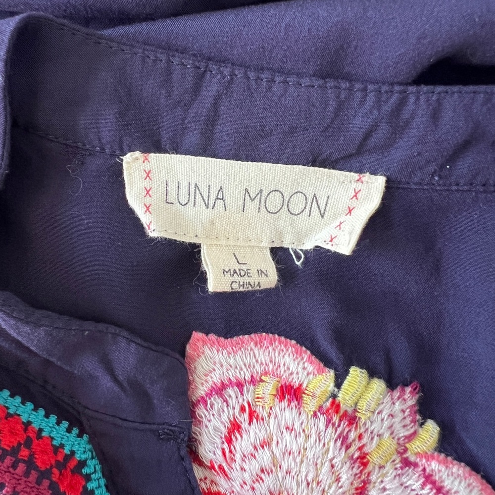 Anthropologie Luna Moon Tunic Top Boho Navy Floral Embroidered Large Cottagecore - Picture 11 of 13